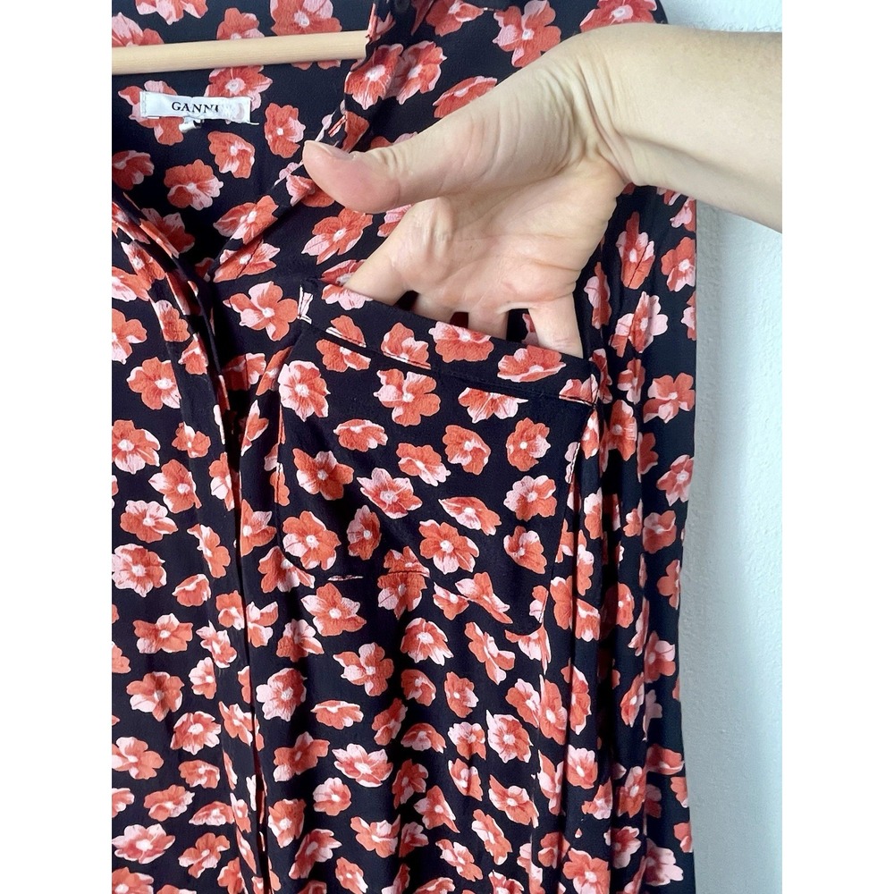 GANNI Floral-Print Button Down Shirt Red‎ Pink Black Size 10 - Picture 13 of 16